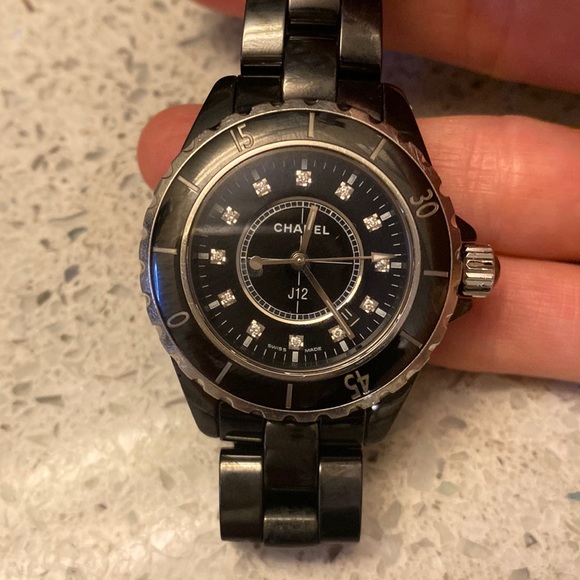 Chanel Diamond steel black watch 6” wrist J12 & Magazine  by Chanel - Picture 5 of 14